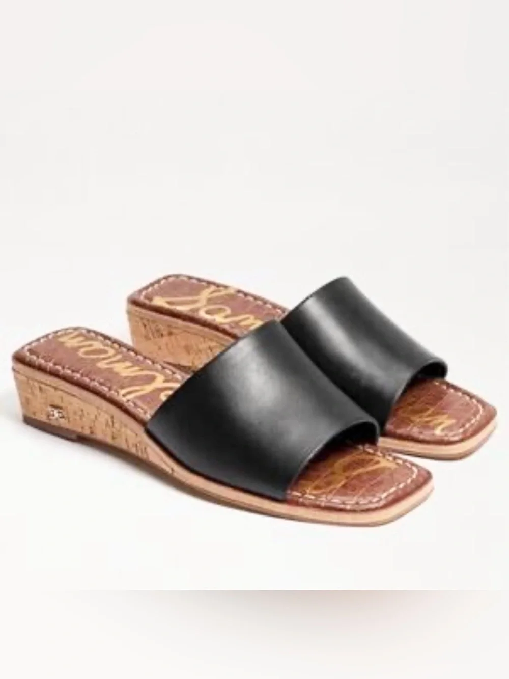 Sam Edelman VALERY Black Leather Padded Footbed Cork Wedge Slide Sandals